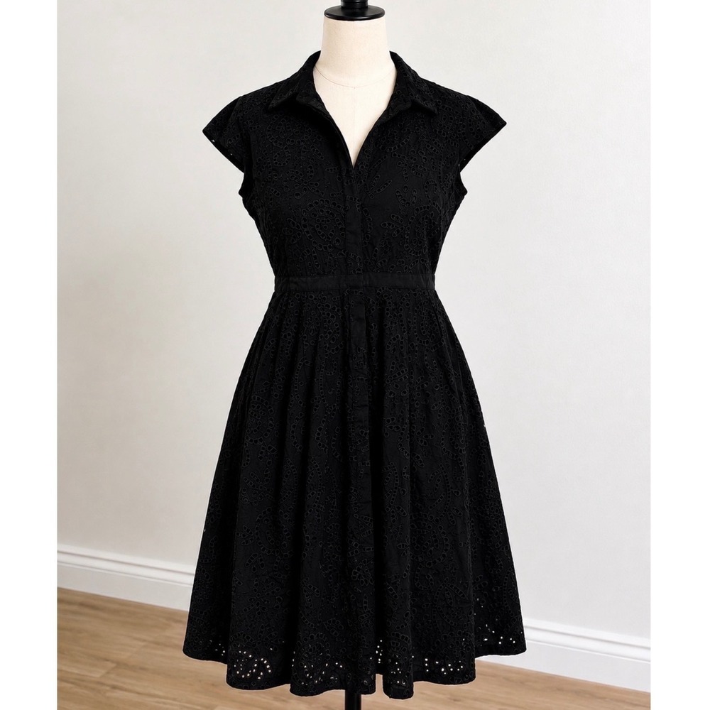 White House Black Market Eyelet Midi Shirt Dress Black Size 8 NWT $200